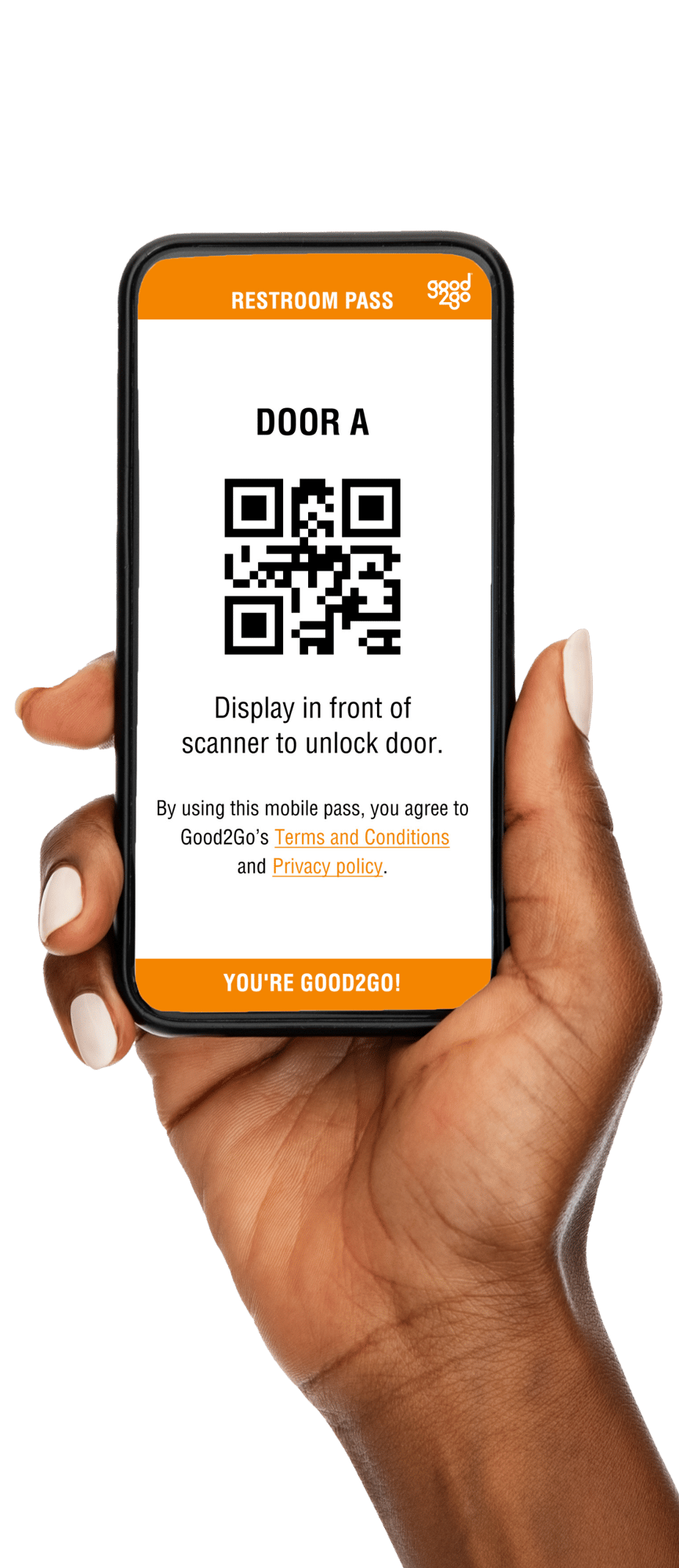 Hand holding smartphone with Goo2Go mobile pass.